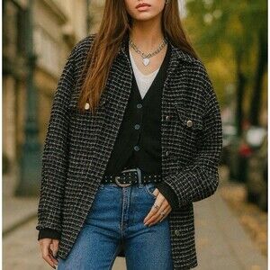 Zara Black Tweed Check Shacket Womens Large Oversized Snap Button Jacket